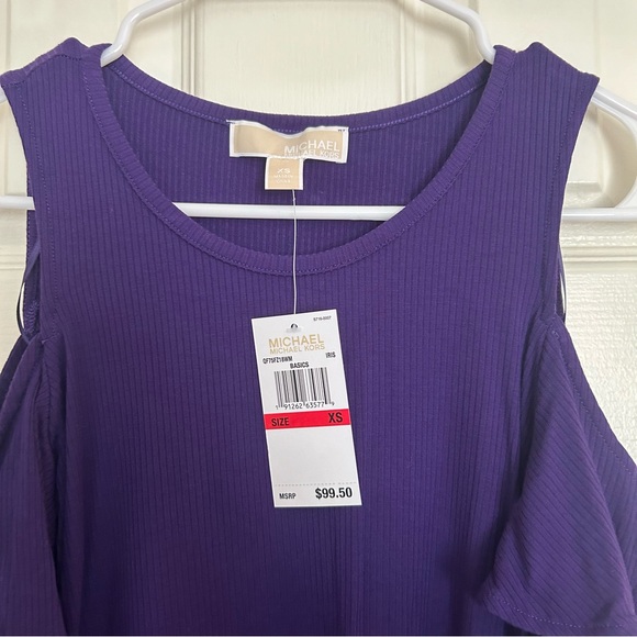 NWT Michael Kors Purple Ribbed Ruffle Cold Shoulder Top - Picture 12 of 16